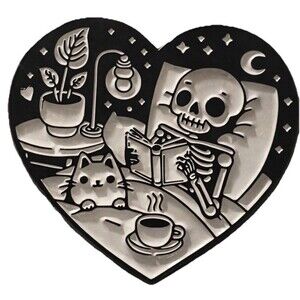 Cute Skeleton Cat Enamel Pin Gothic Heart Coffee Reading Book Kawaii Spooky